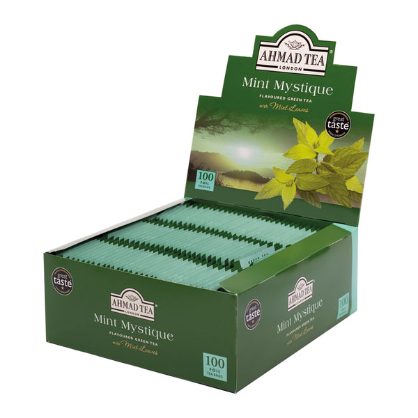 Ahmad Tea Mint Green Tea 100 Foil Teabags - Side angle of Box