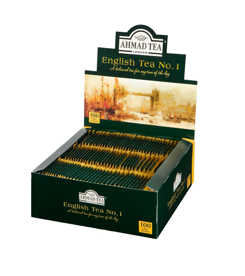 Ahmad Tea English Tea No.1 100 Foil Teabags - Side angle of Open box