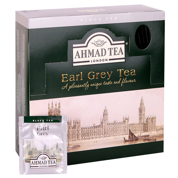 Ahmad Tea Earl Grey Tea 100 Foils Teabags - Side angle of Box